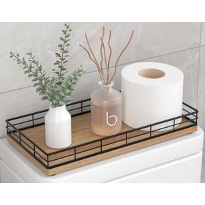 Toilet Paper Basket Organizer  Acacia Wood Toilet Tank Tray with Metal Frame, Back of Tank or Top Bathroom Counter Storage  Black & Acacia Modern Decor (13" x 6.5" x 2")