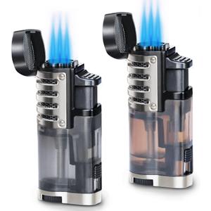 Torch Lighter 2 Pack Triple Jet Flame Butane Torch Lighters Refillable Butane Gas Lighters Windproof Adjustable 3 Flame Lighter for Christmas (Without Gas) (Black+brown)