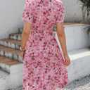 Womens Wrap V Neck Short Sleeve Dress 2025 Summer Floral Boho Dress Ruffle A Line Flowy High Low Midi Dresses (Pink, L)