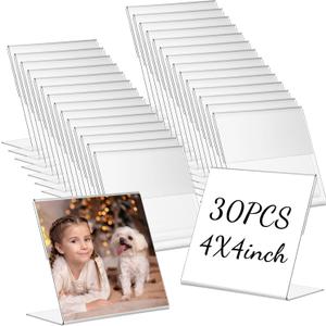 Soaoo 30 Pcs Acrylic Photo Frames 4 x 4 Inch Clear Picture Frames Slant Back Plastic Booth L Shaped Photo Stand Horizontal Small Sign Holder Name Display Stand with Insert for Home Office