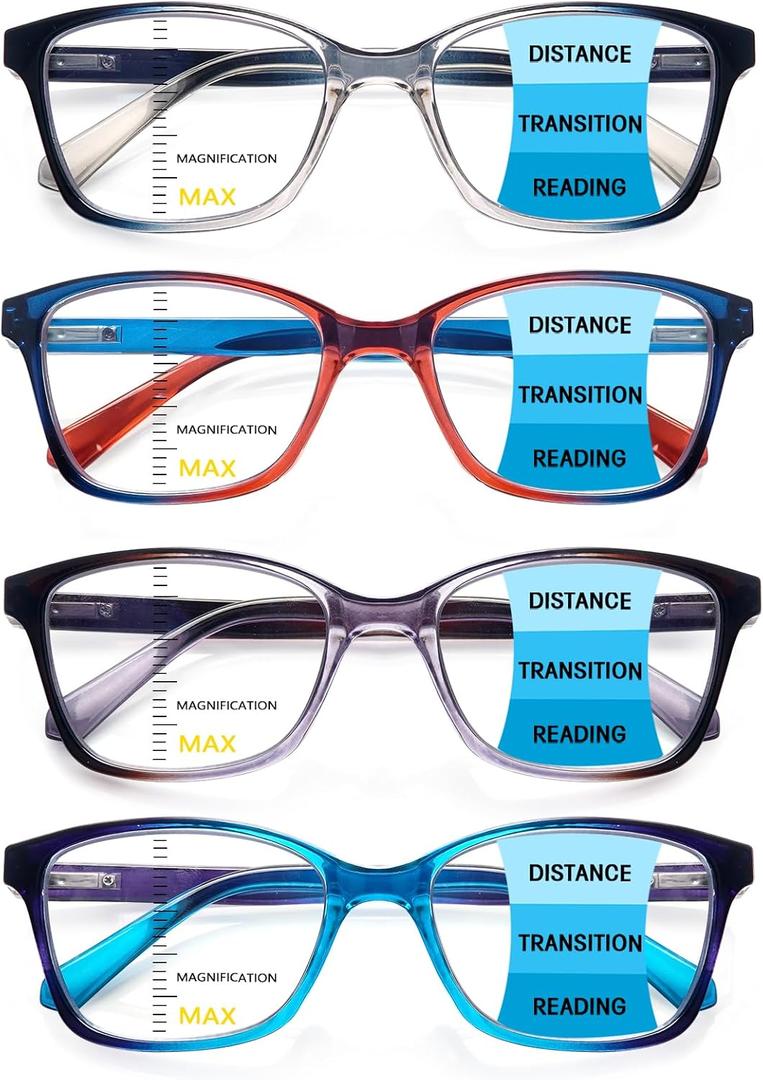 4 Pack Progressive Multifocus Reading Glasses for Women Men Spring Hinge Blue Light Blocking Readers