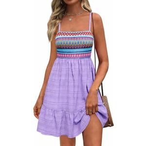 PRETTYGARDEN Womens Summer Dresses 2026 Paisley Spaghetti Strap Sleeveless Smocked A Line Boho Mini Dress with Pockets (Purple, S)