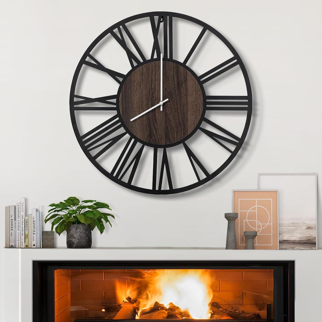 LEIKE Large Wall Clocks,Silent,Non Ticking,Battery Operated Rustic Round Modern Big Wood Wall Clock for Living Room, Bedroom,Kitchen,Farmhouse,Office,Home Decor-16 Inch(Black-Roman Numerals)