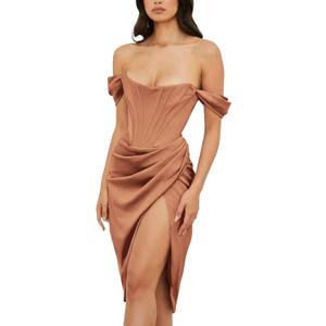 Womens Off Shoulder Split Bustier Corset Satin Dress Strapless Backless High Slit Bodycon Ruched Cocktail Party Dress (Gold, XL)