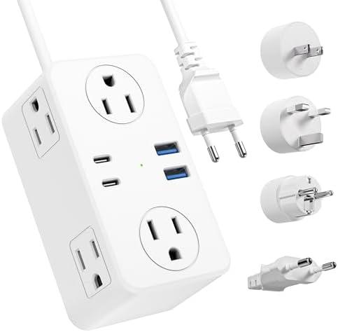 Kakyanill European Travel Plug Adapter, EU/UK/US Travel Plug Adapter Power Strip, 6 AC Outlets, 4 USB Ports (2 USB C), 3ft Wrapped Around Extension Cord, Universal Travel Adapter