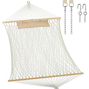 JoyView Traditional Rope Double Hammock - Hand Woven Cotton Hammock with Hardwood Spreader Bar and Pillow 450lb Capacity for Outdoor Indoor Patio Yard - Natural