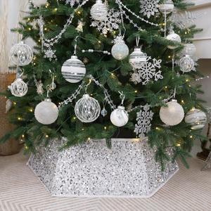 Transform Your Christmas Tree with Sunshine's Sparkling Sequin Tree Skirt - 33.5" Large Size, Christmas Tree Collar for Holiday Home Decor(White)