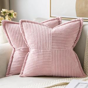 MIULEE Pink Corduroy Pillow Covers 16x16 Inch with Splicing Set of 2 Soft Boho Striped Pillow Covers Broadside Decorative Textured Pillowcases for Couch Cushion Bed Livingroom