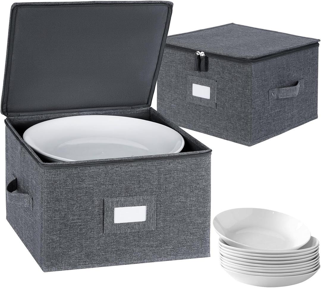 Popoly China Storage Containers Hard Shell Inside 12" W x 8" H, Dinner Plate Storage Containers for Dishes, Dinnerware with 24 Felt Dividers, Hold 24 Plates, Storage Stackable (2 Pack Grey)