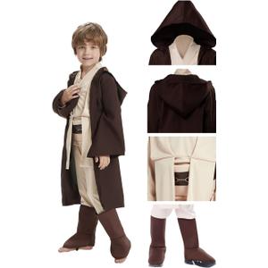 Knight Costume Kids Child Tunic Hooded Robe Pants Belt Shoes Halloween Cosplay Costume Outfit Suit (Large, Brown)