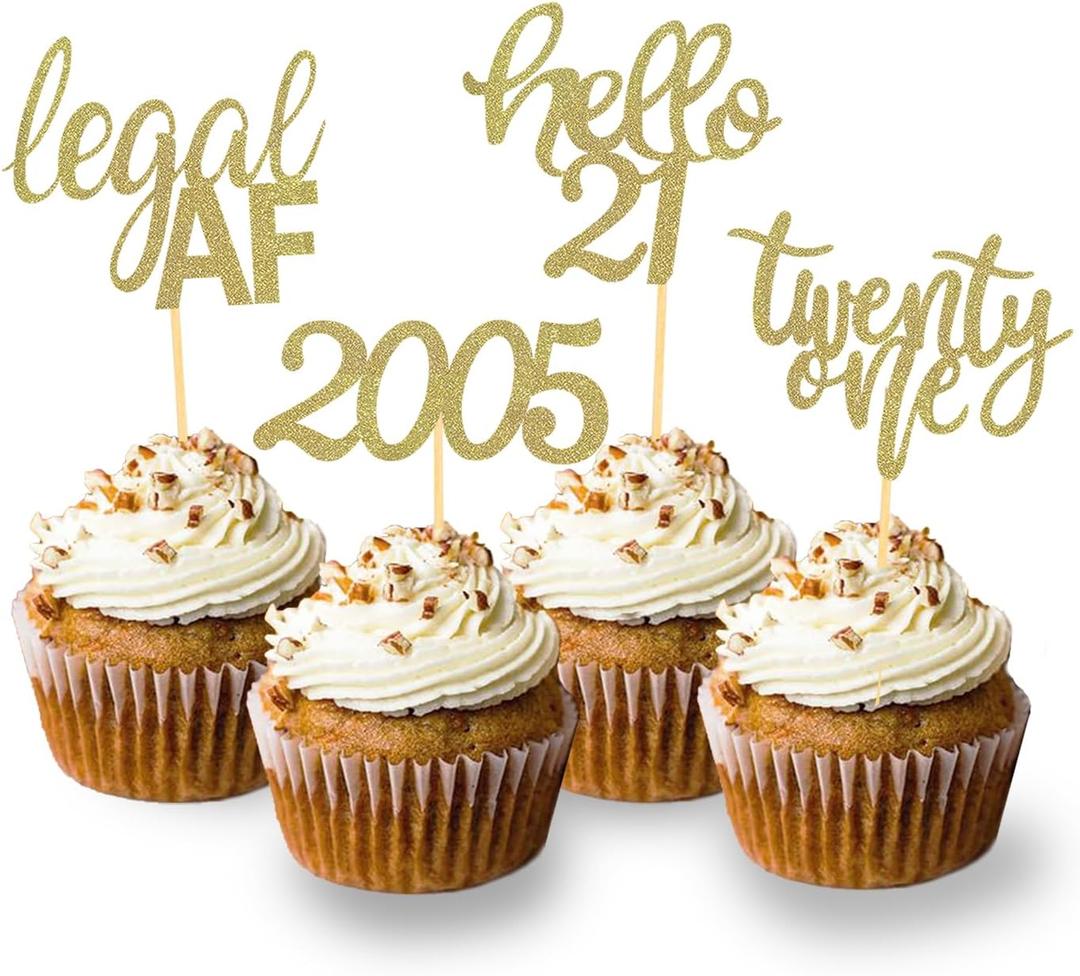 24 Pcs Glitter 21st Birthday Cupcake Toppers for Celebrating Twenty One Years Old Birthday Party Decorations (Gold)