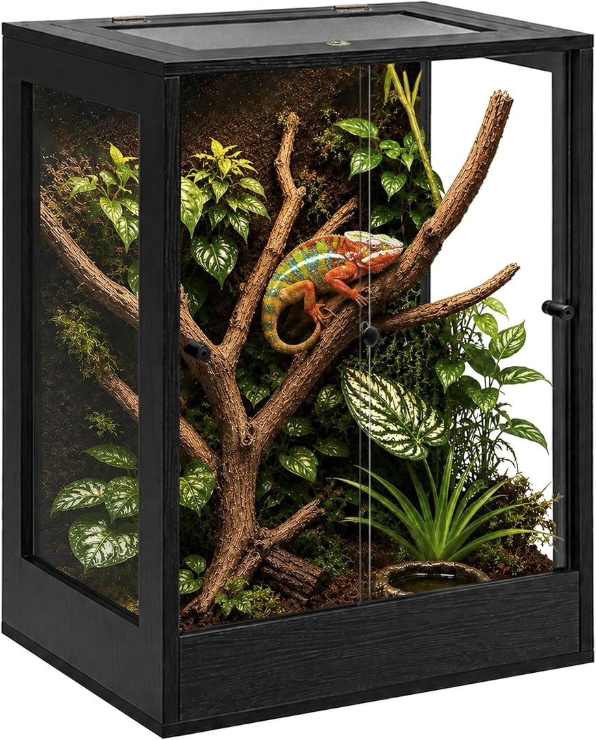 PROLEE 24" x 18" x 36" Tall Reptile Terrarium, 65 Gallon Glass Chameleon Cage, Vertical Crested Gecko Tank with Ventilated Mesh Top, Front Opening Rainforest Habitat, Black