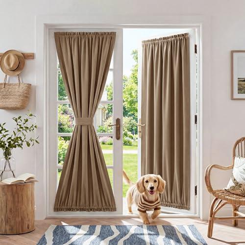 RYB HOME 100% Blackout French Door Curtain for Door Window with Dual Rod Pocket No Coating - Privacy Assured Thermal Insulated Room Darkening Drapes for Sidelight Window, W 36 x L 72, 1 Panel, Mocha