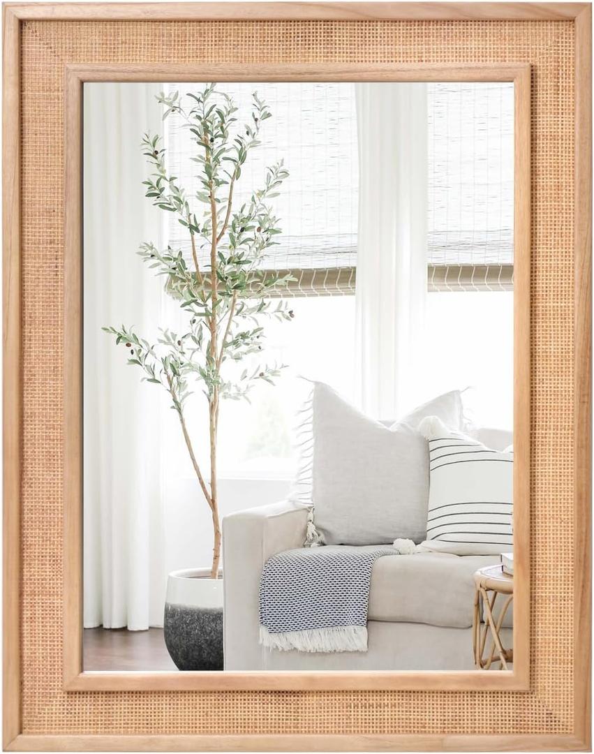 Rectangle Rattan Mirror, 30"x40" Rattan Wall Mirror for Bathroom, Large Farmhouse Wooden Mirror with Handmade Wicker Frame, Decorative Boho Mirror for Nursery Bedroom Living Room Entryway Nature