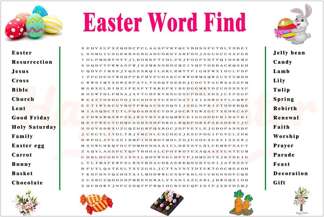 3 x DOMELIFE Easter Word Search Poster, Large 35.4  23.6 Holiday Word Search Wall Poster for Family Parties, Classroom & Office (30 Holiday-Themed Words)