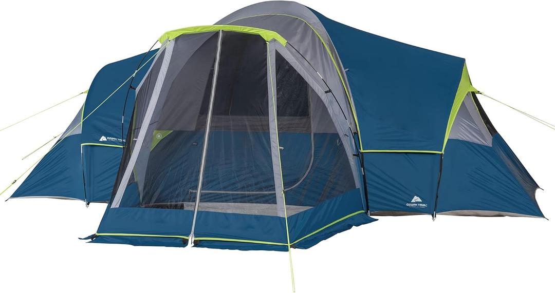Ozark Trail 10-Person Family Camping Tent with 3 Rooms and Screen Porch, Blue