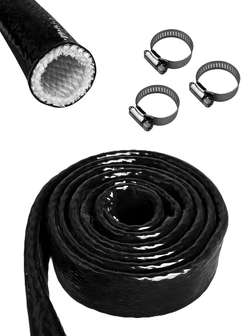 YAMAKATO 3/8" ID Heat Shielded Fire Thermo Armor Fire Sleeve Silicone Coated Fiberglass Heat Protection w/ 3 Clamps for Automotive Hose Lines & Electrical Wiring (Black, 5FT
