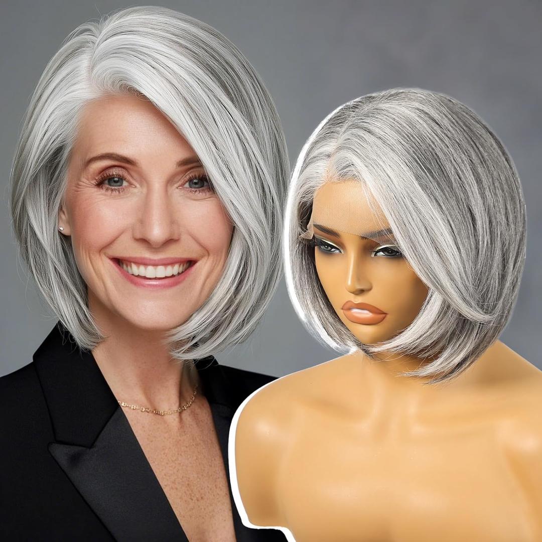 Grey Synthetic Lace Front Wig,Silver Side Part Short Straight Glueless Bob Wigs for White Women Daily Use 10IN (#2/60HL)