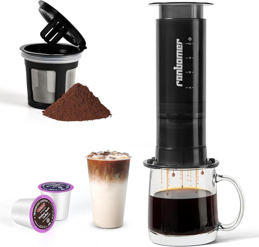Ranbomer French Press Coffee Maker, 2-in-1 Single Serve K Cup Compatible, Portable Coffee Machine for Ground Coffee, Black, 10 Oz Capacity, for Camping, Travel