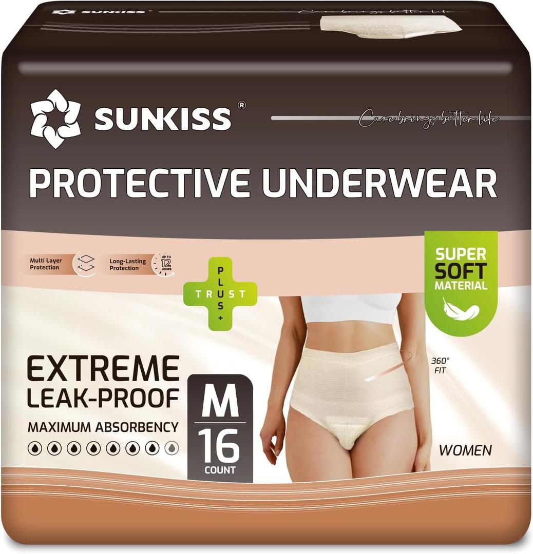 SUNKISS Women Incontinence Underwear, Daytime Disposable Postpartum Adult Panties, Protective Pull Ups with Maximum Absorbency, Medium, Beige, 16 Count