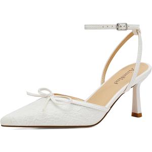 AIUNIIND Women's Pointed Toe Kitten Heel Lace Pumps Ankle Strap Heeled Sandals Wedding Dress Shoes for Women, White US 6.5