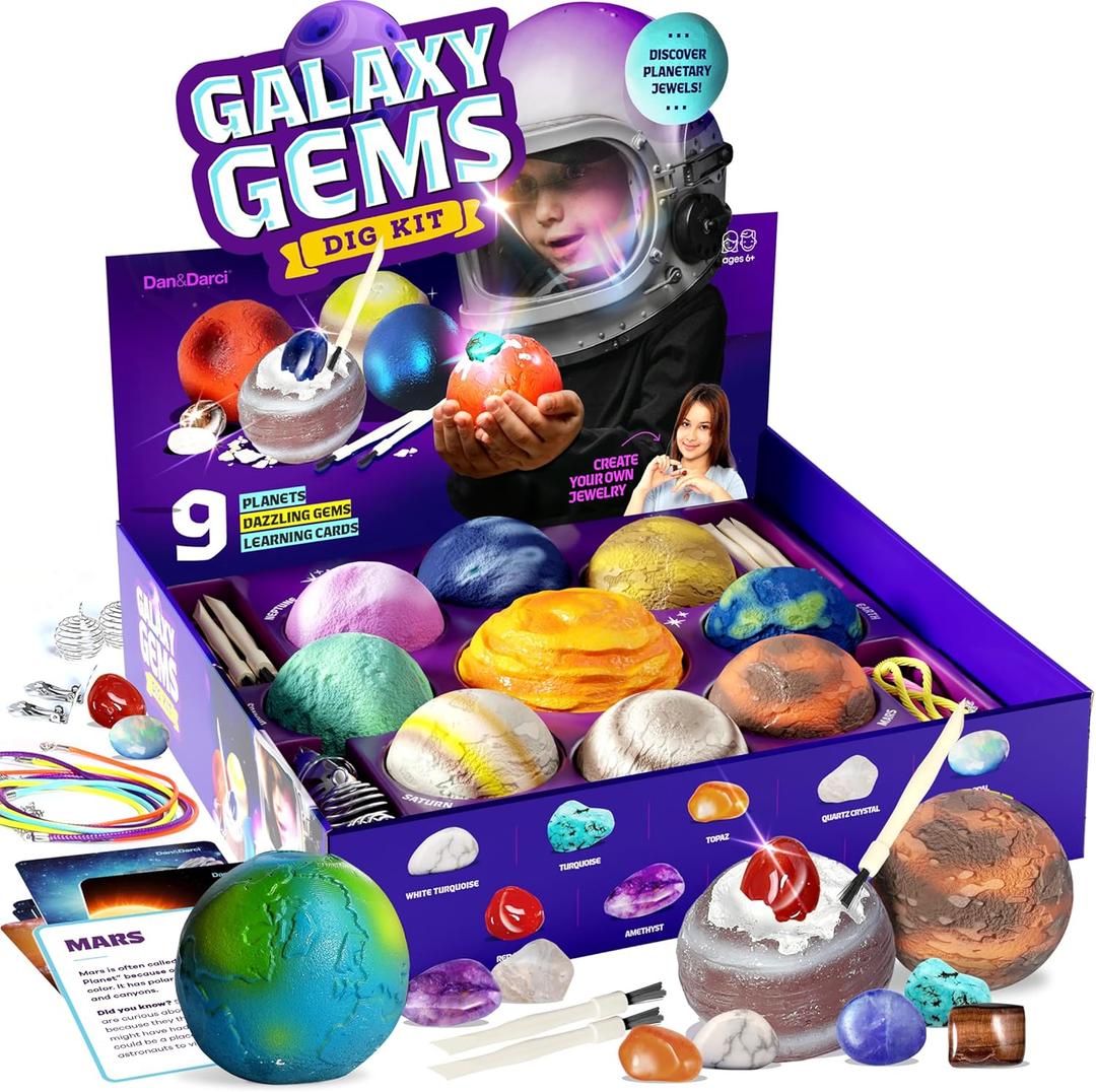 Dan&Darci Galaxy Gem Dig Kit for Kids - Gemstones Digging Science Kits for Kid Age 6-7, 6-8, 8-10 - Gifts for 6 7 8 9 10 11 Year Old Boys & Girls - Planet Space Toys for Ages 8-10 STEM for Boy & Girl