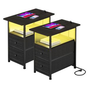 LUMTOK End Table with LED Light Set of 2,2 Fabric Drawers End Table with Charging Station, Narrow Nightstand with Storage Shelf for Small Space,Living Room, Bedroom, Bedside 