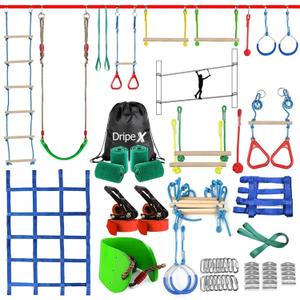 Ninja Warrior Obstacle Course for Kids Backyard - 250ft Slackline Kit with 10 Most Complete Accessories for Boys & Girls, Swing, Rope Ladder, Gymnastic Ring, Climbing Net, Arm Trainer and Monkey Fist (2x50FT + 10 attachments)