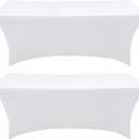 Spandex Table Cover 2 Pack 8FT White Fitted Tablecloths,Washable Wrinkle Resistant Stretch Table Cloth Rectangle for Party Hosting Supplies,Wedding Decorations,Vendor Display,Banquet