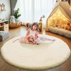 Fluffy Round Area Rugs for Bedroom,4'X4'Shag Circle Area Rugs for Girls Room,Non Slip Fuzzy Plush Rug for Kids Room Living Room and Dorm Home Decor Rug (Ivory)