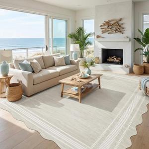 GarveeHome Scalloped Washable 8x10 Area Rugs for Living Room, Modern Bordered Solid Rug for Bedroom, Scalloped Non-Slip Stain Resistant Rug for Dining Room Farmhouse Dorm, Cream (Ivory White)