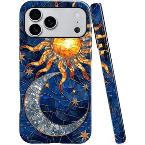 Case for iPhone 17 Pro Max,Fits Glossy Case Design for Girl Women,Celestial Stained Glass Sun Moon Star Blue