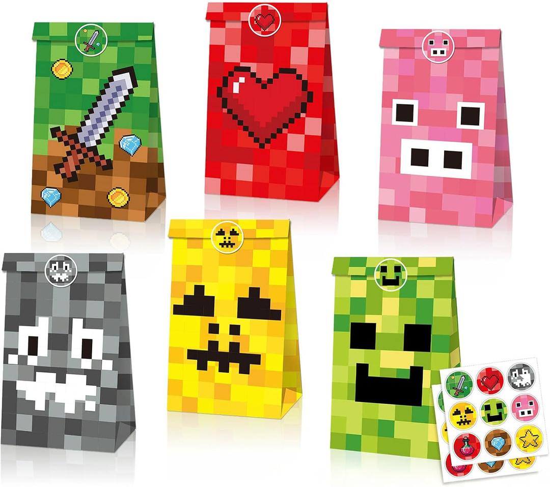 24 Pcs Game Theme Gift Bags, Pixel Gift Wrap Bags, Small Candy Bag, Plus 4 Adorable Stickers as a gift.