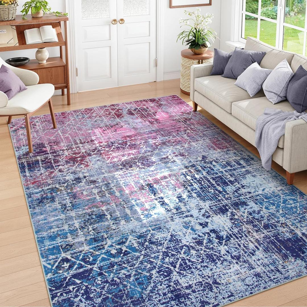 Zealude Boho Abstract Washable 6x9 Area Rugs for Living Room, Large Area Rug for Bedroom Girls, Colorful Soft Dining Room Carpet, Pastel Modern Carpet for Nursery Girls Room Playroom (Pink/Blue,6 x 9)