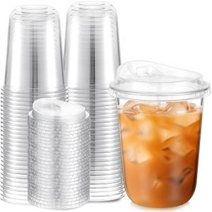 50 Pack 16 oz Clear Plastic Cups with Strawless Sip Lids Disposable Pet Iced Coffee Round Bottom Cup for Iced Coffee Juice Smoothie Cold Beverage Milkshake Bubble