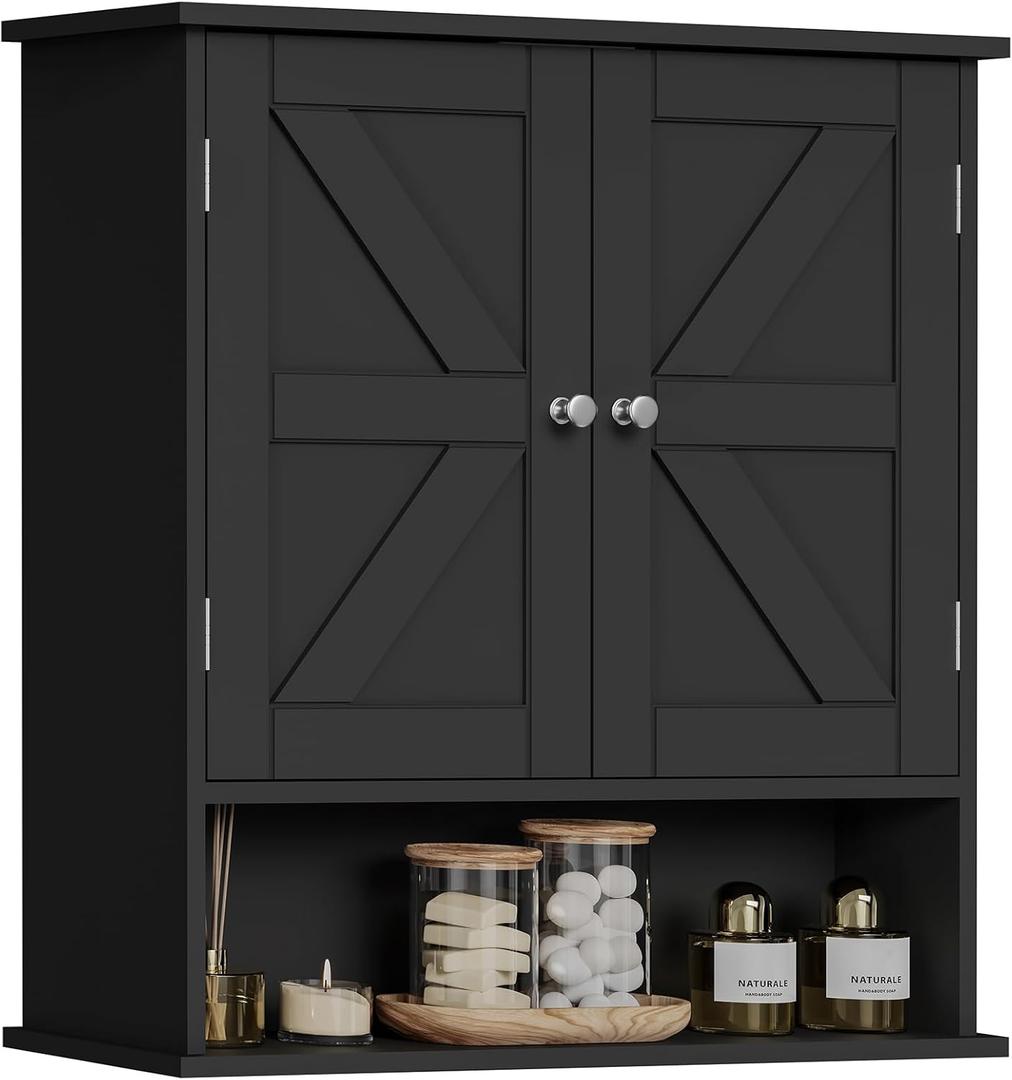 TEENFON Bathroom Wall Cabinet with Barn Doors & Adjustable Shelf, Over the Toilet Storage Cabinet, Medicine Cabinet, Black, 21.6" W x 5.1" D x 23.6" H, UNGGX001HV1