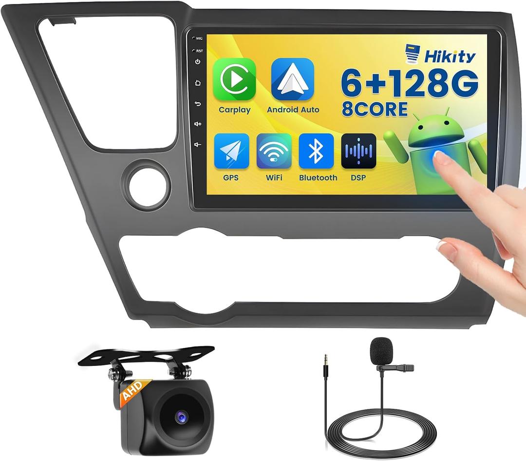 Hikity 6+128G Android 13 Car Stereo for Honda Civic 2013-2017, 9 Inch IPS Touch Screen Radio with Wireless Apple Carplay Android Auto, Bluetooth GPS WiFi 32EQ DSP FM RDS SWC+Mic, AHD Backup Cam
