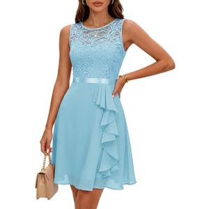 BeryLove Formal Cocktail Dresses Bridesmaid Wedding Guest Short Prom Dress Ruffle Hem Sleeveless Homecoming Lace Gowns (Blue, S)