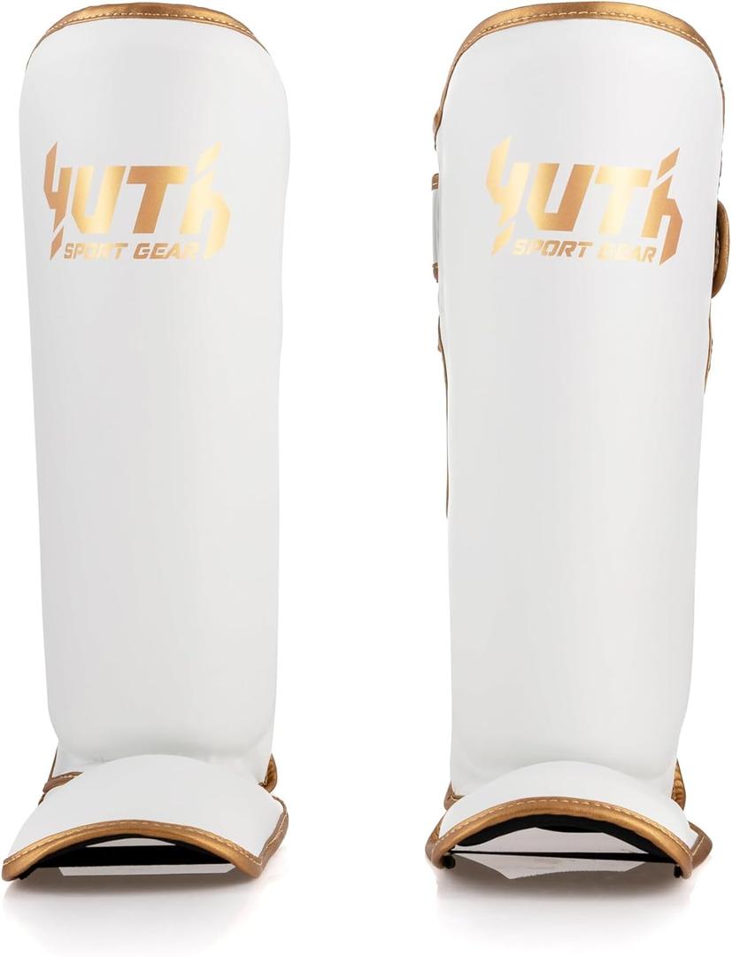 Gold Line Shin Guards | Muay Thai Shin Guards | Lightweight Durable Shinguards Muay Thai | Padded Adjustable Muay Thai Leg Guards Kickboxing, MMA Sparring Training (L, White/Gold)