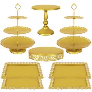 Fivenl 8 Pcs Cake Stand Gold Metal Dessert Table Display Set, 3-Tier Cupcake Stand, Cake Display Tower and Cookie Tray Rack Serving Tray for Birthday Party, Weddings, Baby Shower (Gold)