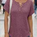 AUTOMET Women Tops Summer Sweaters Short Sleeve V Neck Henley Shirts Dressy Button Blouses (S)