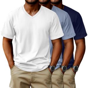 Evervibe 3 Pack Big and Tall Cotton T-Shirts for Men, Short Sleeve V Neck Oversized Tops Casual Summer Basic Plus Size Tees(Navy Blue, White, Light Blue, Large)