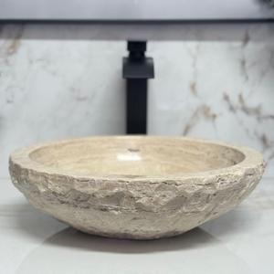 Shades of Nature Travertine Bathroom Sink - Modern Above Counter Bathroom Vessel Sink - Round Bowl Shaped Hand-Carved Vanity Sink - Perfect for Luxury Bathrooms & Spa-Inspired Interiors
