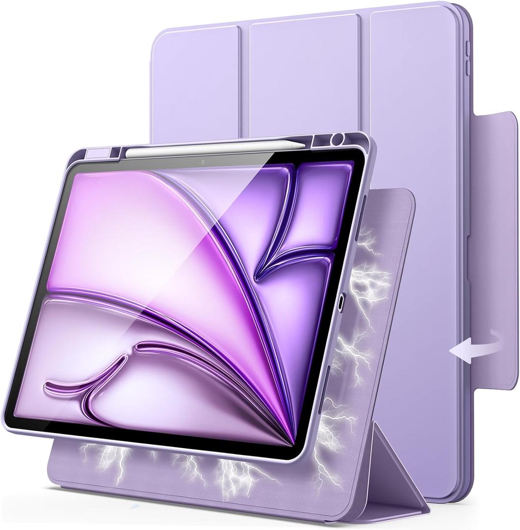 JETech Magnetic Detachable Case for iPad Air 13-Inch M3/M2 (2025/2024) with Pencil Holder, Removable Rotating Clear Cover, Portrait/Landscape Stand with Raised Screen View (Purple)