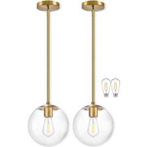 Bagood 10" Globe Pendant Light Gold 2 Pack Mid Century Pendant Light Globe Pendant Lights Kitchen Island Brushed Brass Finished with Clear Glass Adjustable Ceiling Light Fixtures for Dining Room Bar