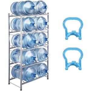 VEVOR 5 Gallon Water Jug Holder, 5 Tiers Double Row Heavy Duty Water Bottle Rack with 10 Slots, Detachable Water Jug Stand for Kitchen, Office, Living Room- Silver