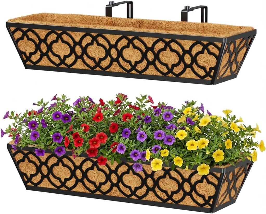 Y&M Railing Planter Boxes 24 Inch 2 Pack, Hanging Balcony Planter, Adjustable Deck Railing Planter Box, Metal Window Boxes Outdoor for Fence, Porch Flower Pots Holder