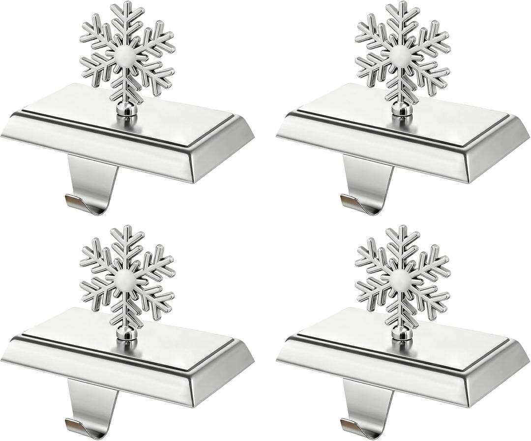 Stocking Holders for Mantle, 4 Pcs Weighted Christmas Stocking Holder, Magnetic Silver Snowflakes Stocking Hooks for Fireplace