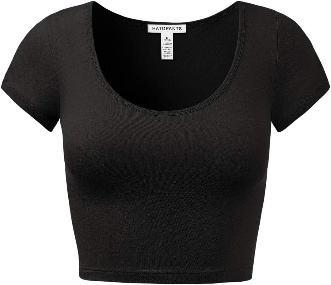 Women's Cotton Crop Tops Short Sleeve Scoop Neck Stretchy Casual Shirt (Black, XS)