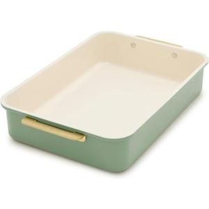 GreenPan Bakeware 13 x 9 Rectangular Cake Pan, Ceramic Nonstick Baking Pan, PFAS & BPA Free, Gold Handles, Durable Steel, Freezer to Oven Dish, Scratch Resistant, Bake & Roast Ovenware, Sage Green